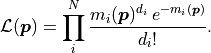 \mathcal{L}(\bm{p}) = \prod_i^N \frac{m_i(\bm{p})^{d_i}\: e^{-m_i(\bm{p})}}{d_i !}.